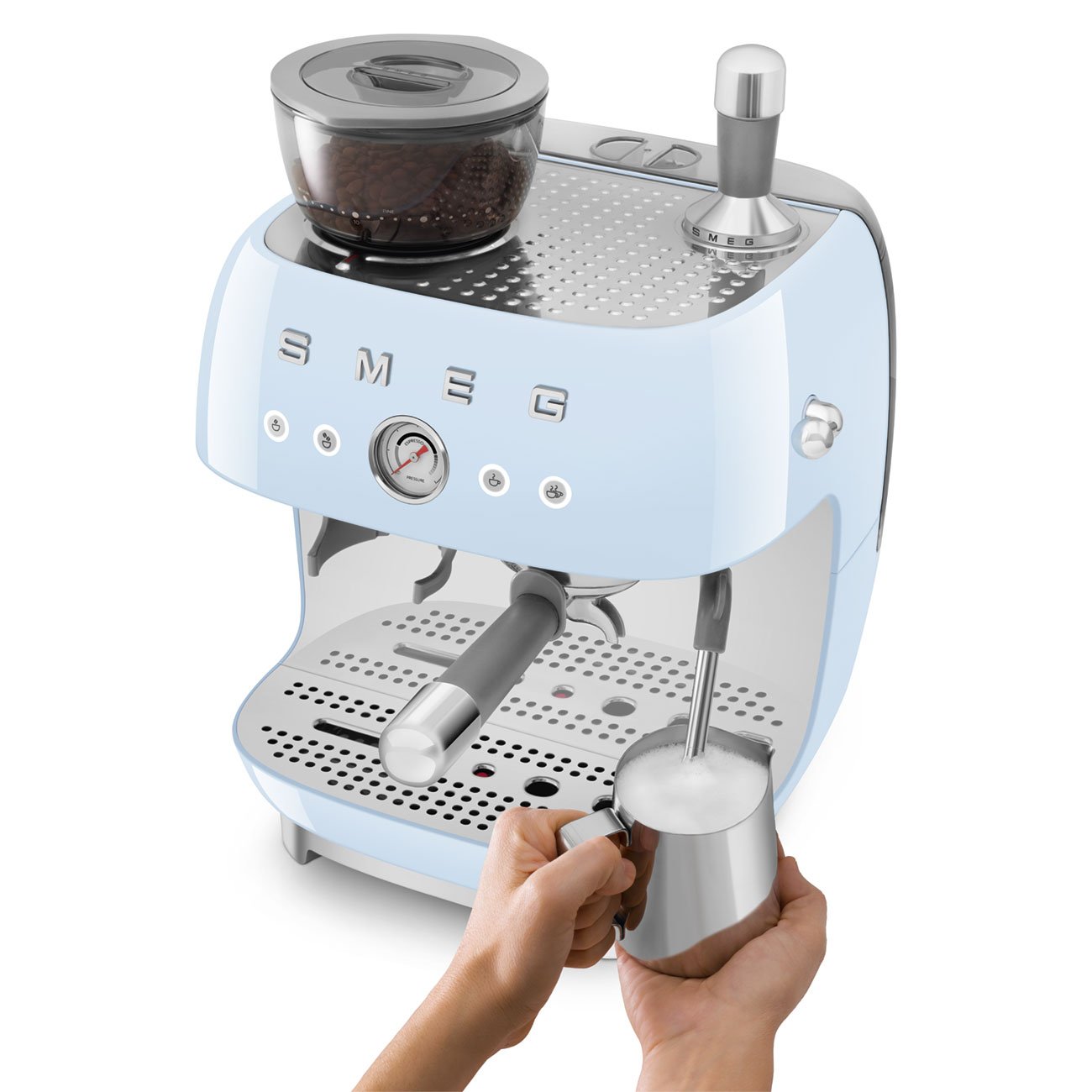 Pastel blue manual espresso coffee machine with built-in grinder_5