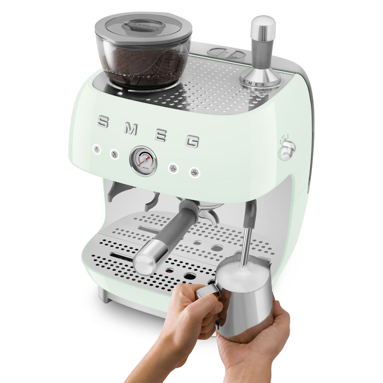 Pastel green manual espresso coffee machine with built-in grinder_5