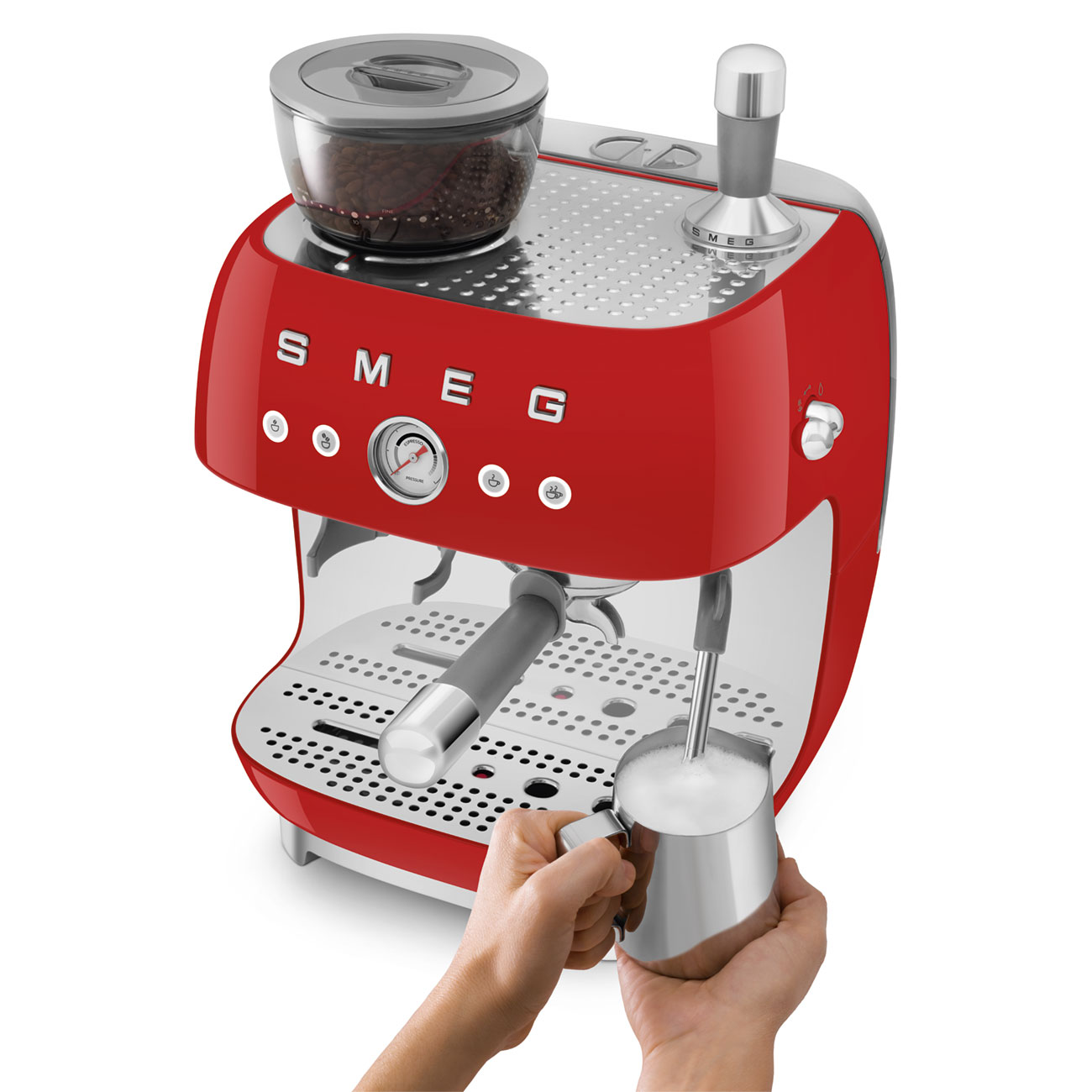 Red manual espresso coffee machine with built-in grinder_5