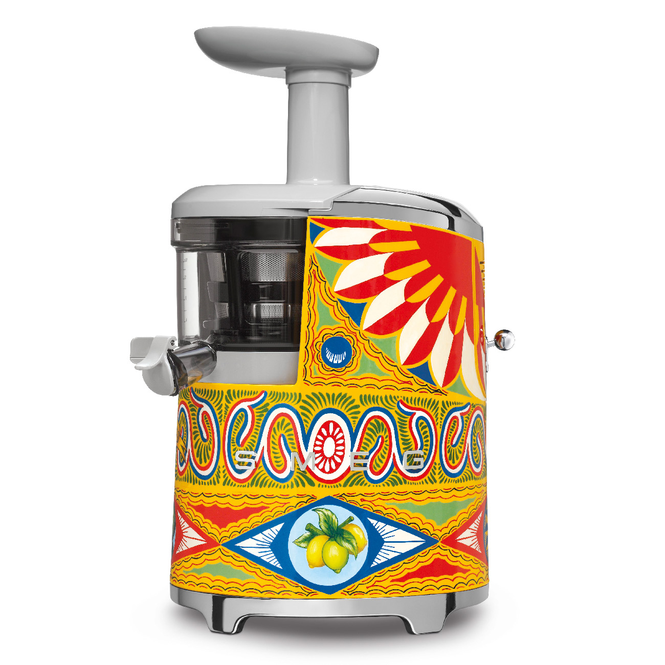 Luxury, designer slow juicer featuring an intricate, colourful and abstract design of sunshine, fruit and wiggly shapes. By Smeg & Dolce&Gabbana & Smeg_1