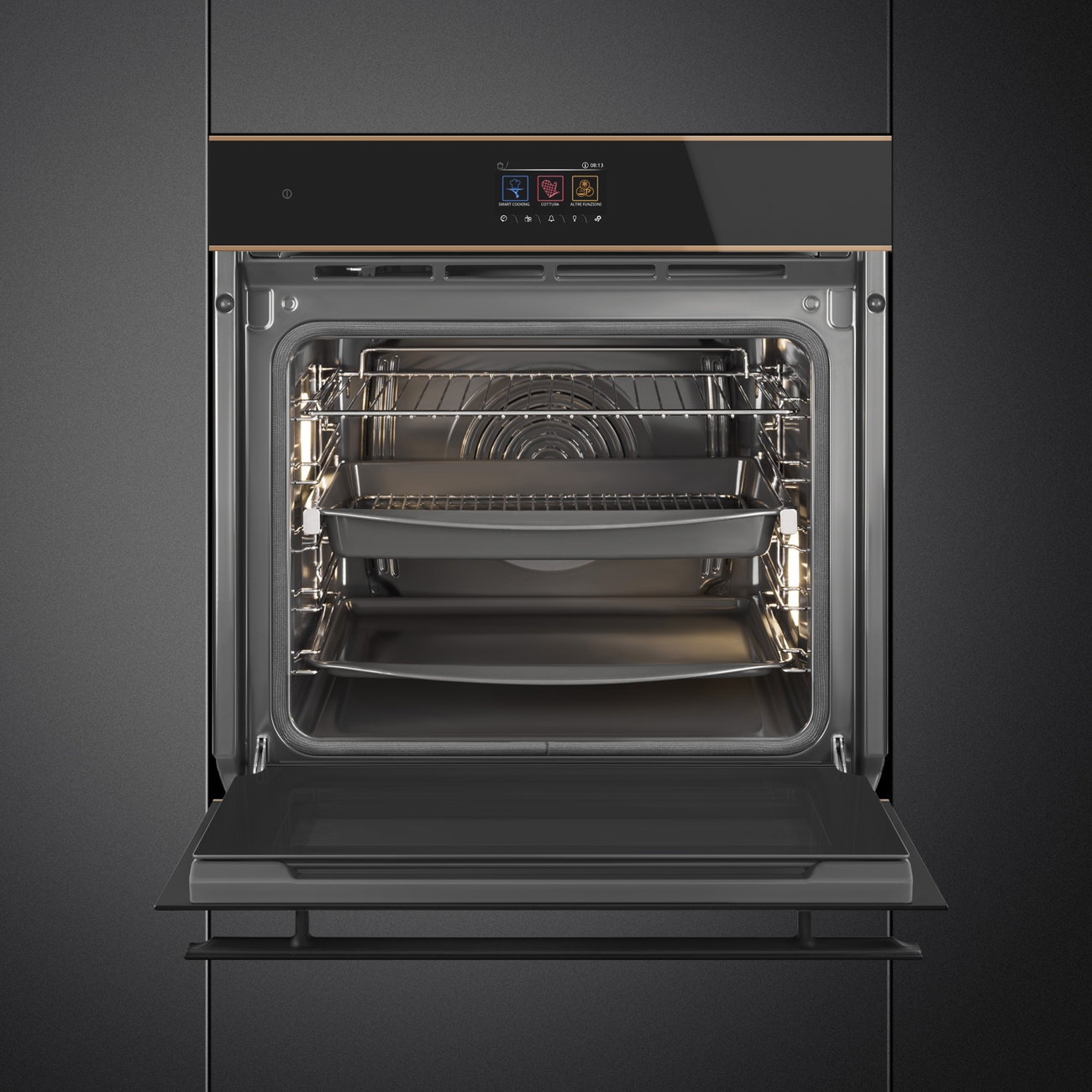 Black Traditional pyro Galileo Oven.  60cm. Built-in. Smeg_4