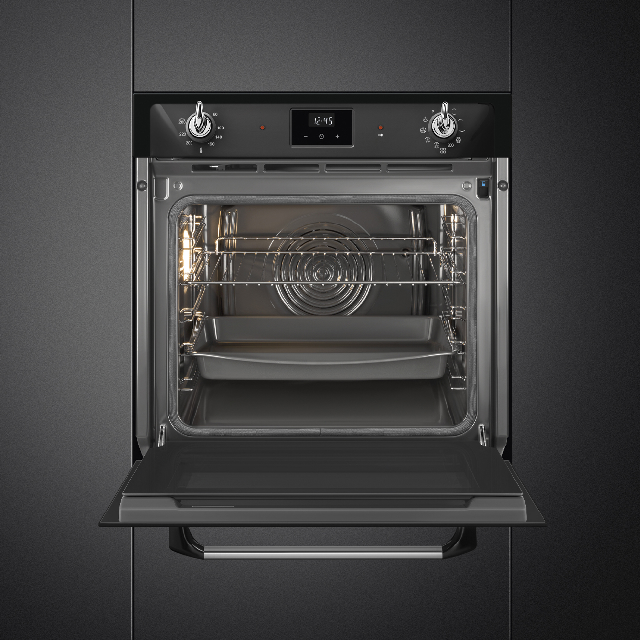 Black Traditional pyro Galileo Oven.  60cm. Built-in. Smeg_3